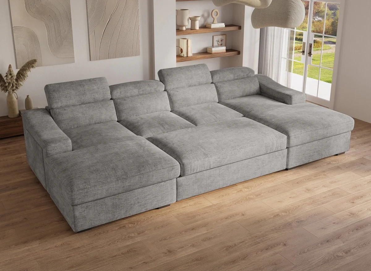 Canapé panoramique convertible avec 2 coffres en velours chiné gris VELORA - Image 3