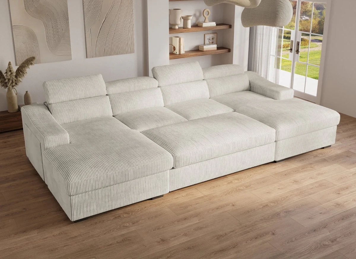 Canapé panoramique convertible avec 2 coffres en velours côtelé épais beige VELORA - Image 3