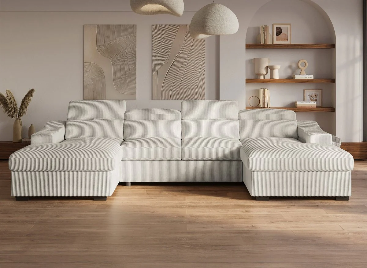Canapé panoramique convertible avec 2 coffres en velours côtelé épais beige VELORA - Image 4