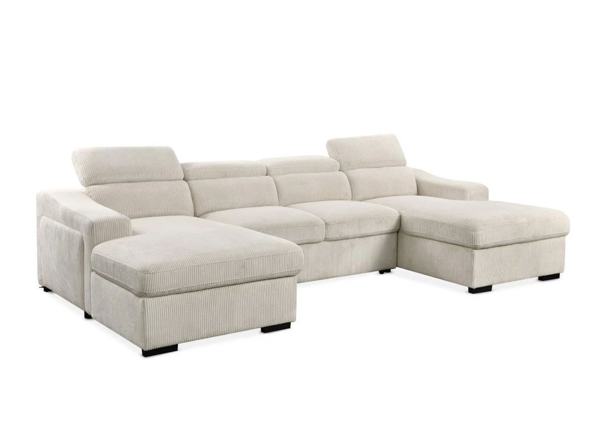 Canapé panoramique convertible avec 2 coffres en velours côtelé épais beige VELORA - Image 5