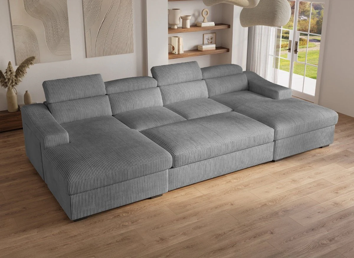 Canapé panoramique convertible avec 2 coffres en velours côtelé épais gris VELORA - Image 3
