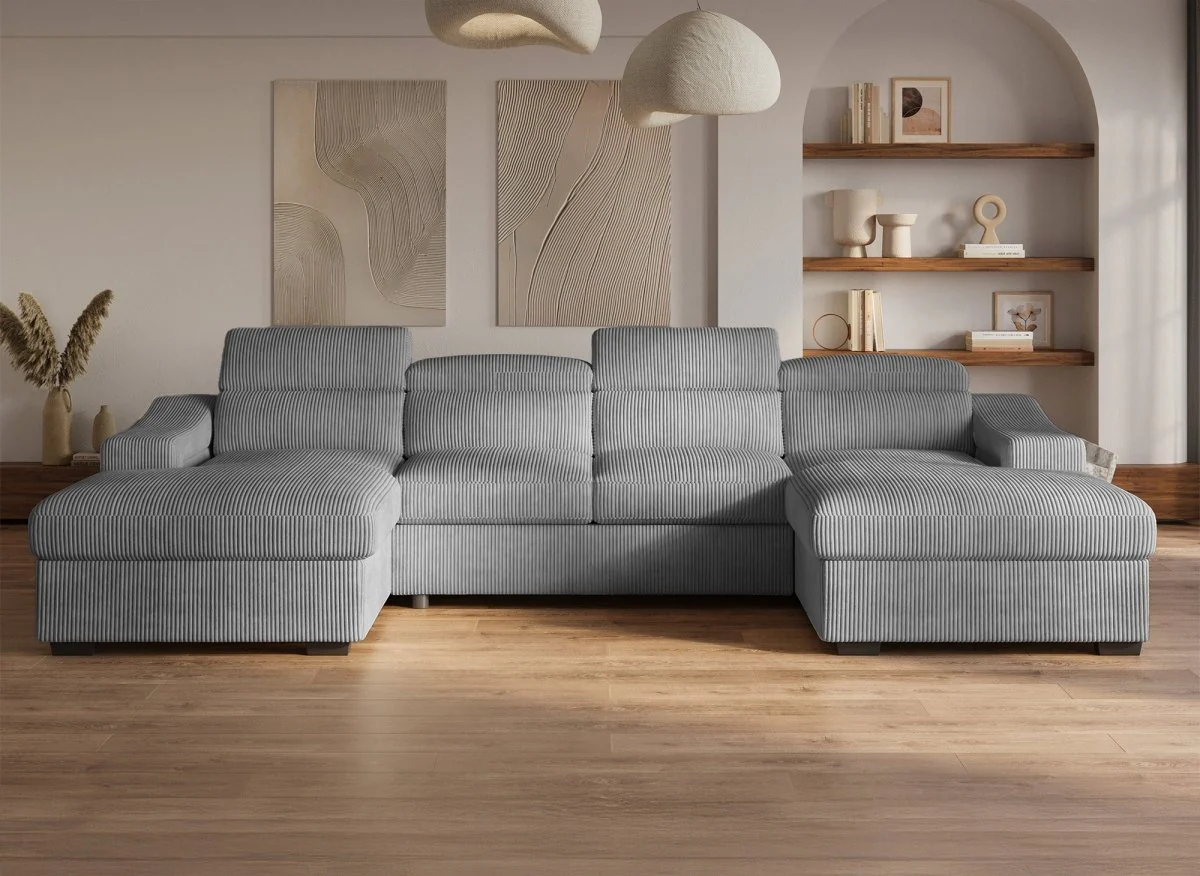 Canapé panoramique convertible avec 2 coffres en velours côtelé épais gris VELORA - Image 4