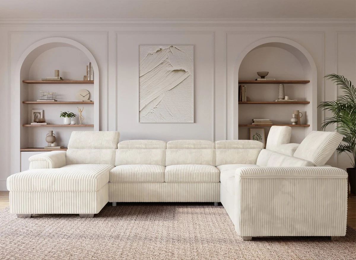 Canapé panoramique convertible avec coffre en velours côtelé épais beige GAELLE - Angle gauche - Image 3