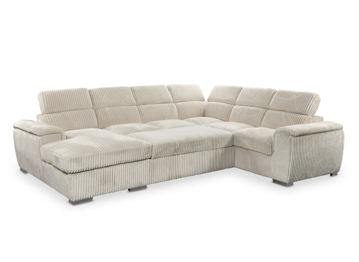 Canapé panoramique convertible avec coffre en velours côtelé épais beige GAELLE - Angle gauche - Image 5