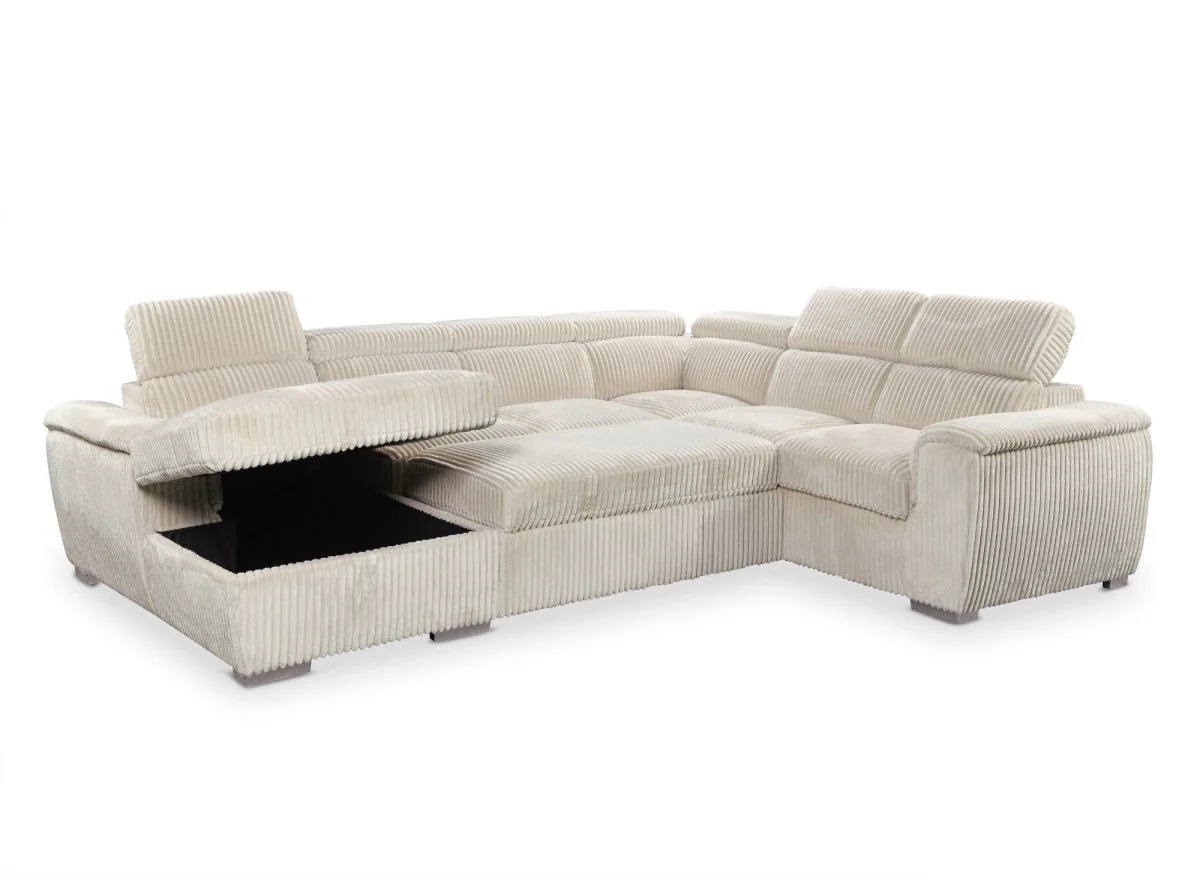 Canapé panoramique convertible avec coffre en velours côtelé épais beige GAELLE - Angle gauche - Image 6