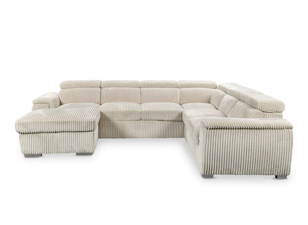 Canapé panoramique convertible avec coffre en velours côtelé épais beige GAELLE - Angle gauche - Image 7