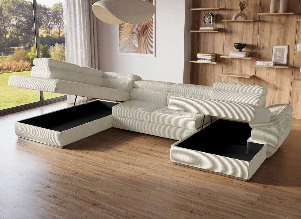 Canapé panoramique convertible avec coffre en velours côtelé épais beige MARIANO- Angle droit - Image 3