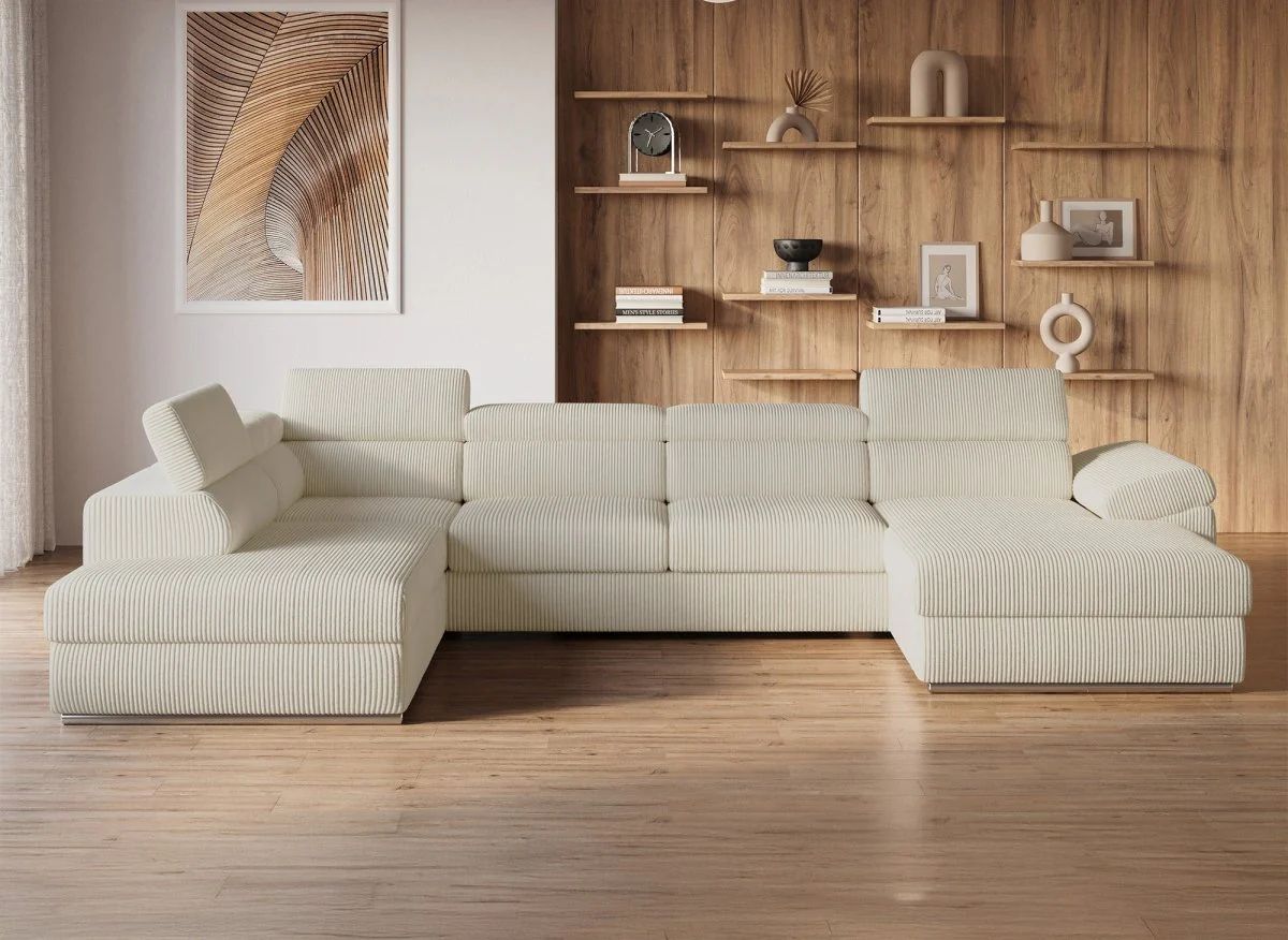 Canapé panoramique convertible avec coffre en velours côtelé épais beige MARIANO- Angle droit - Image 4