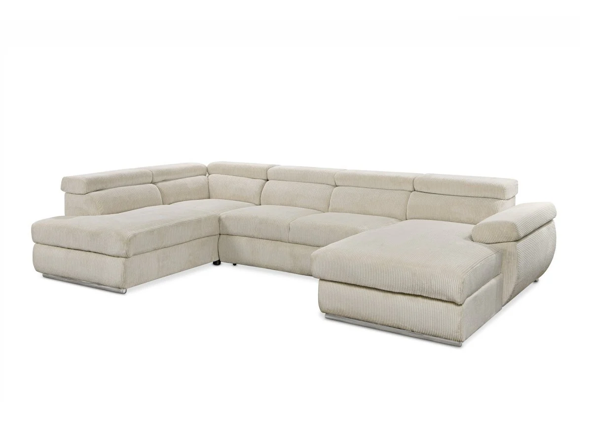 Canapé panoramique convertible avec coffre en velours côtelé épais beige MARIANO- Angle droit - Image 5
