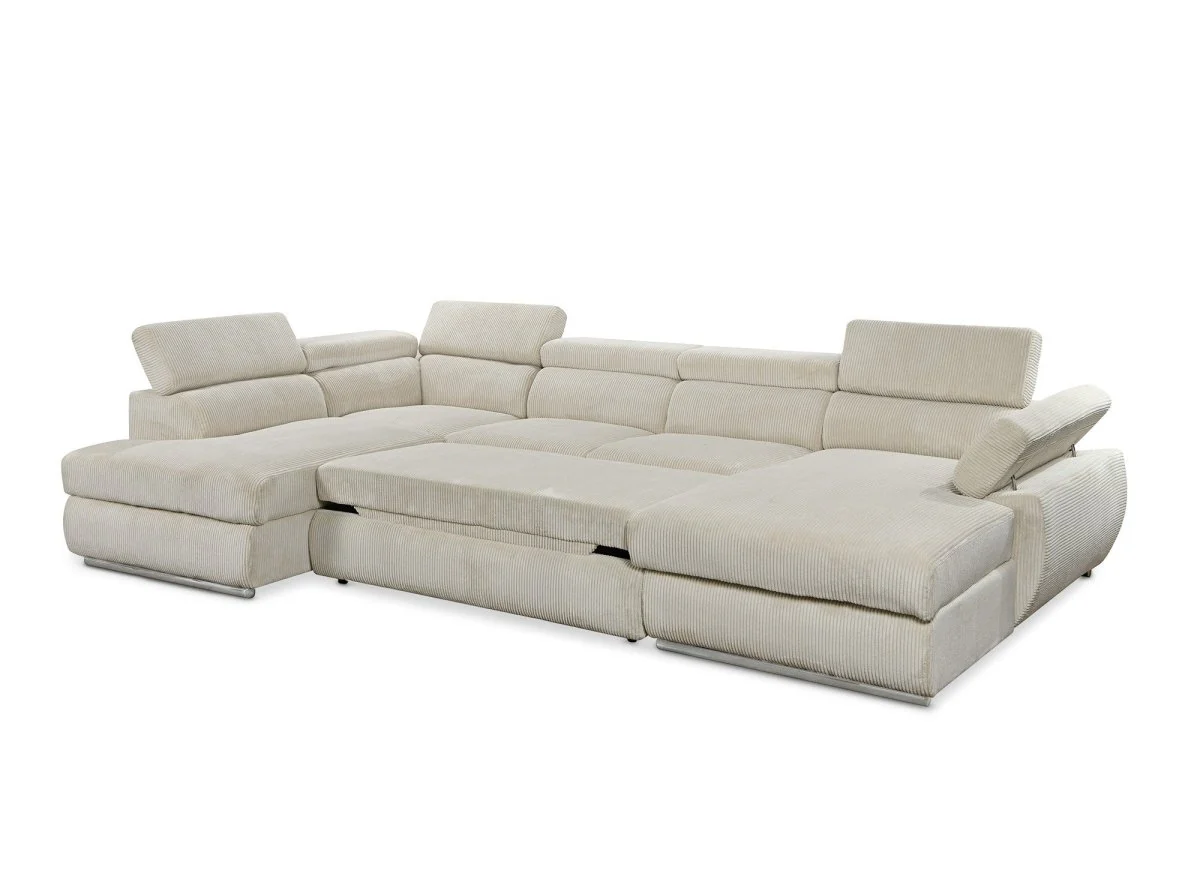 Canapé panoramique convertible avec coffre en velours côtelé épais beige MARIANO- Angle droit - Image 6