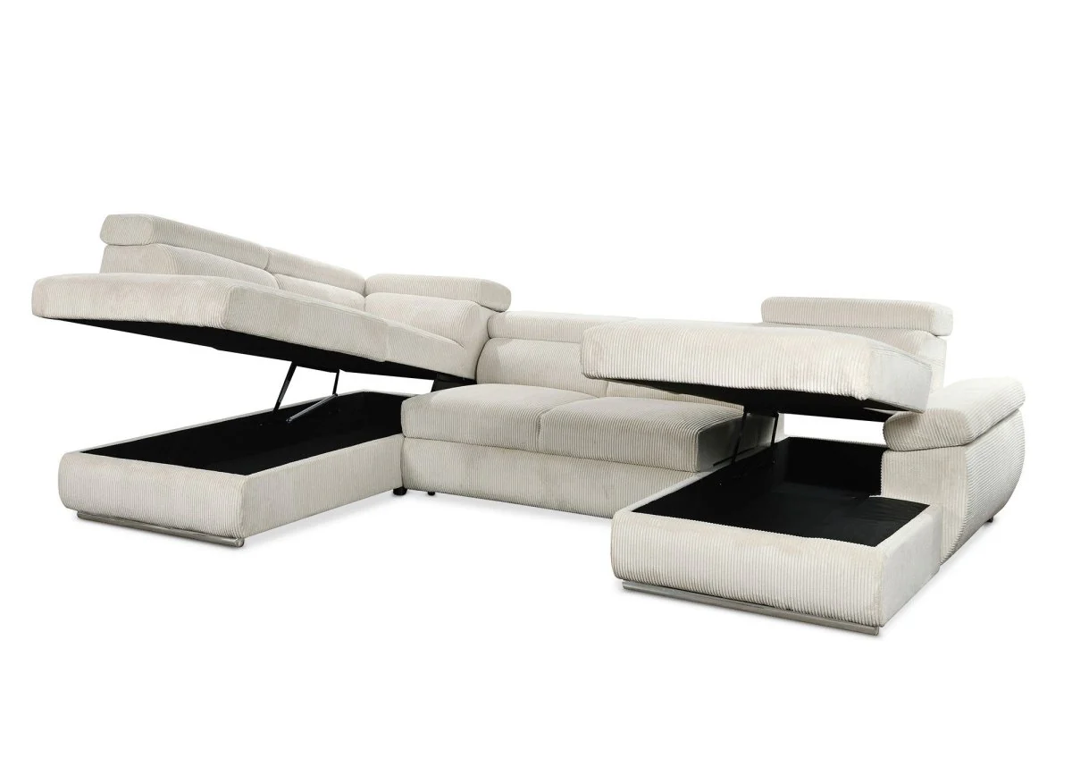 Canapé panoramique convertible avec coffre en velours côtelé épais beige MARIANO- Angle droit - Image 7