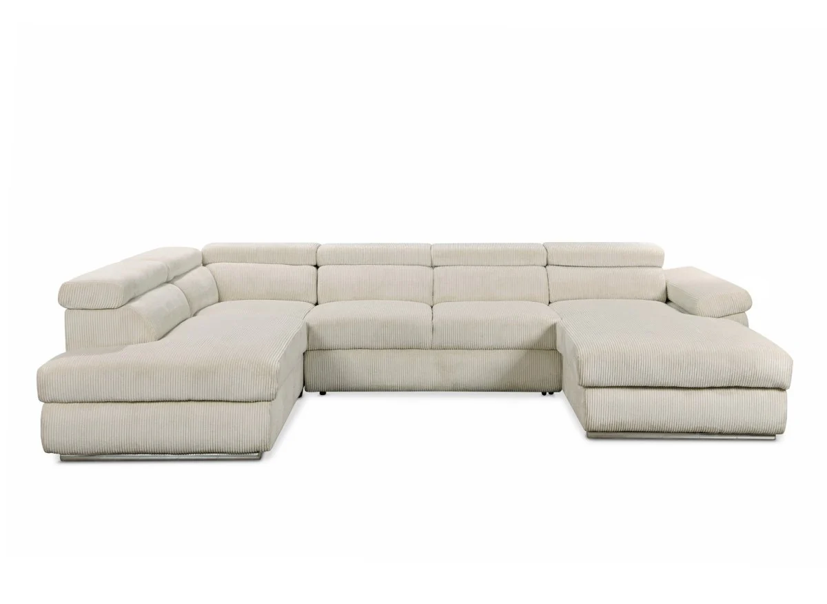 Canapé panoramique convertible avec coffre en velours côtelé épais beige MARIANO- Angle droit - Image 8