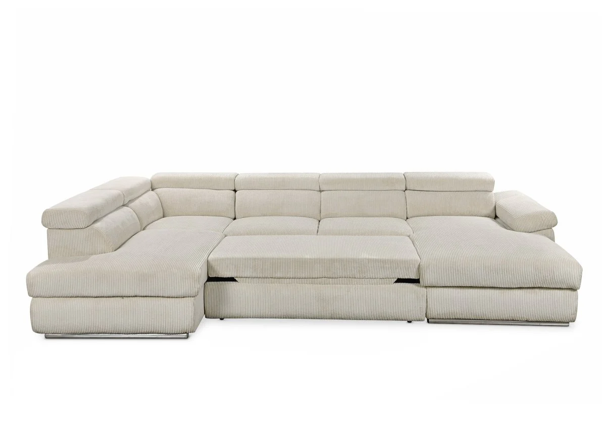Canapé panoramique convertible avec coffre en velours côtelé épais beige MARIANO- Angle droit - Image 9