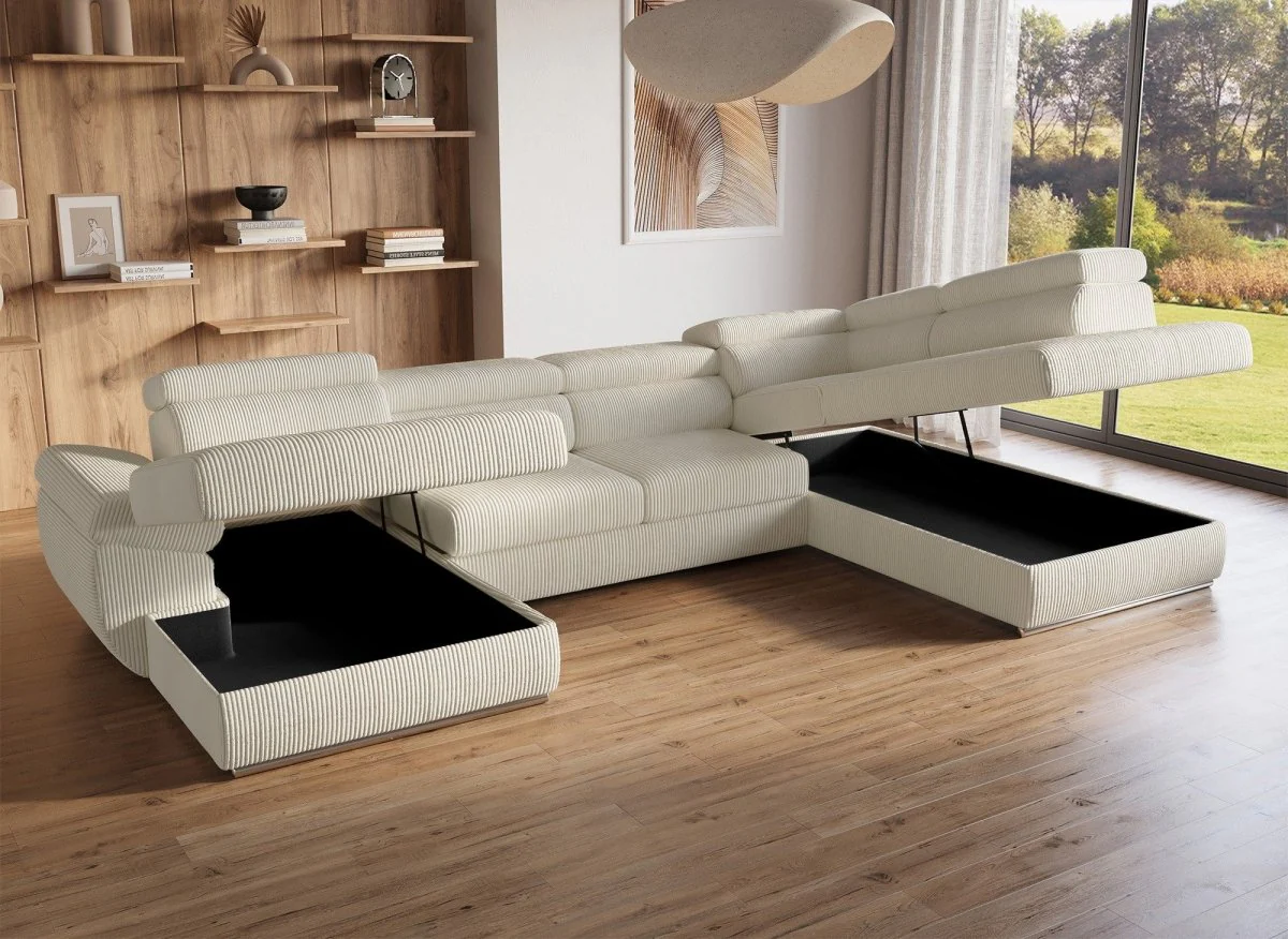 Canapé panoramique convertible avec coffre en velours côtelé épais beige MARIANO- Angle gauche - Image 3