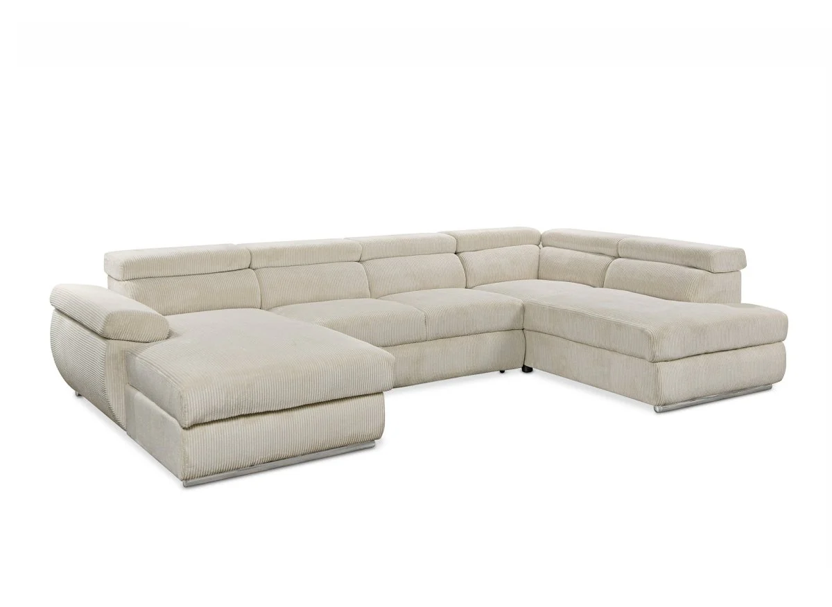 Canapé panoramique convertible avec coffre en velours côtelé épais beige MARIANO- Angle gauche - Image 5