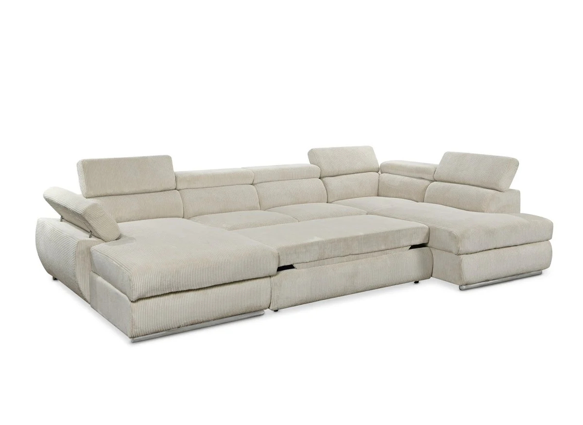 Canapé panoramique convertible avec coffre en velours côtelé épais beige MARIANO- Angle gauche - Image 6