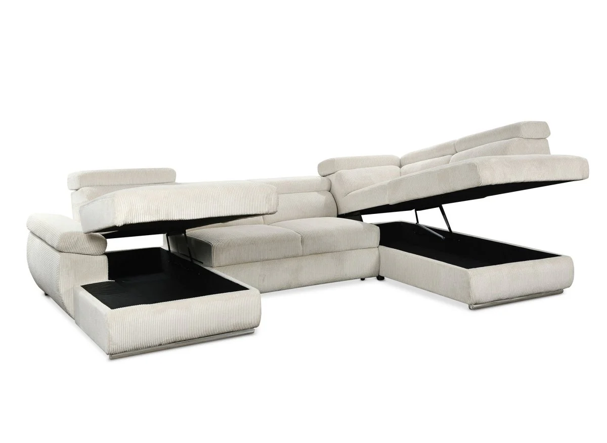 Canapé panoramique convertible avec coffre en velours côtelé épais beige MARIANO- Angle gauche - Image 7