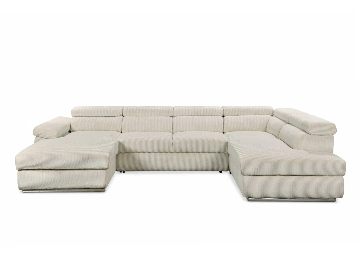 Canapé panoramique convertible avec coffre en velours côtelé épais beige MARIANO- Angle gauche - Image 8