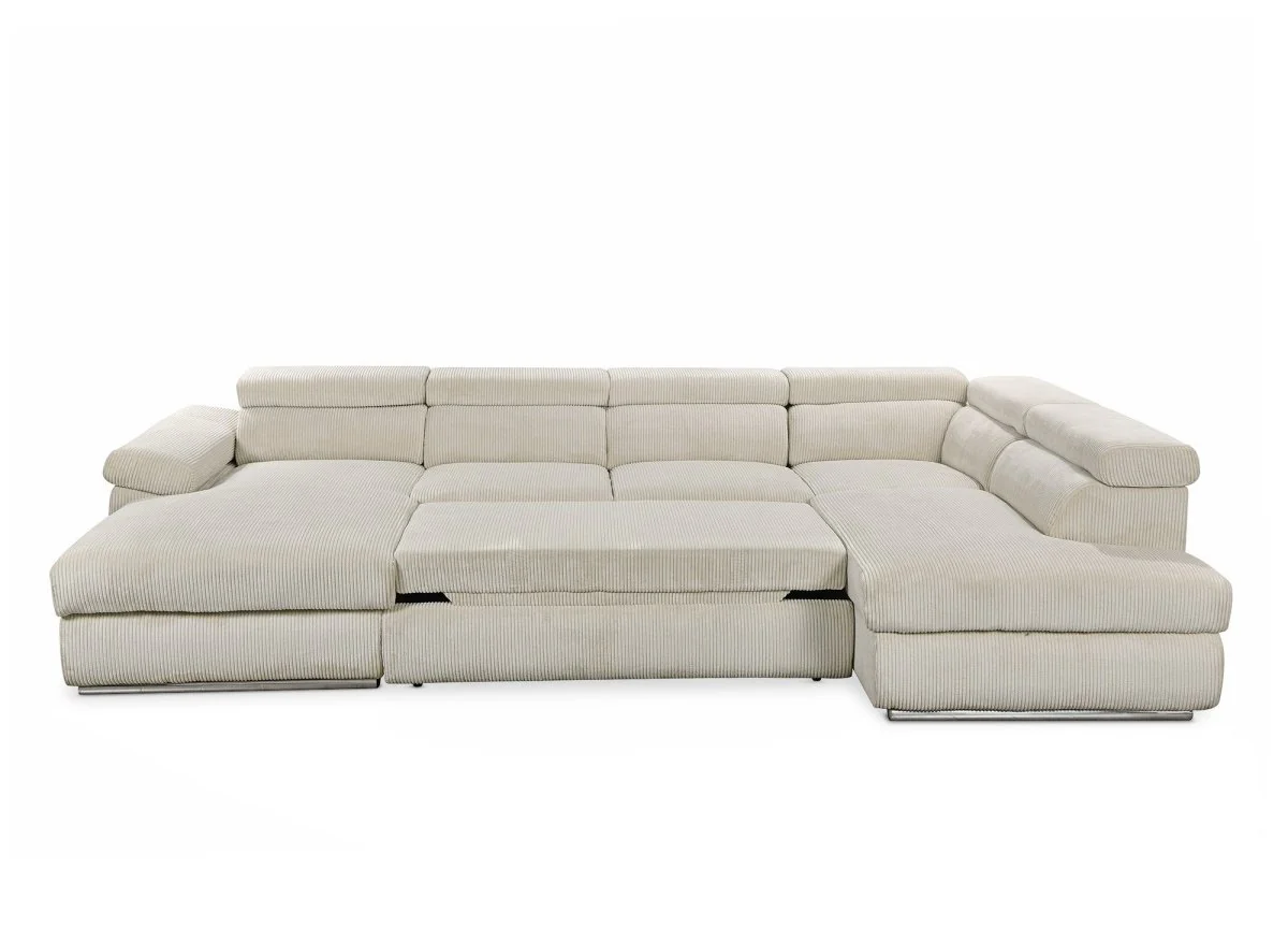 Canapé panoramique convertible avec coffre en velours côtelé épais beige MARIANO- Angle gauche - Image 9