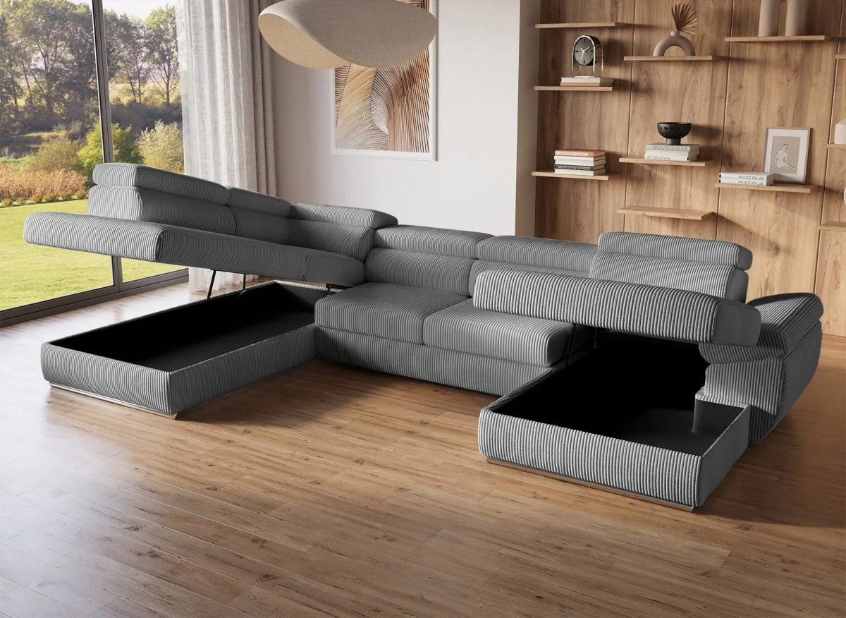 Canapé panoramique convertible avec coffre en velours côtelé épais gris MARIANO- Angle droit - Image 3