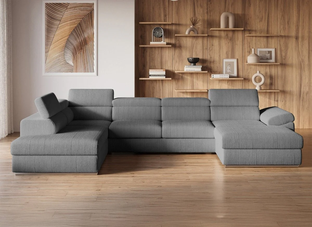 Canapé panoramique convertible avec coffre en velours côtelé épais gris MARIANO- Angle droit - Image 4