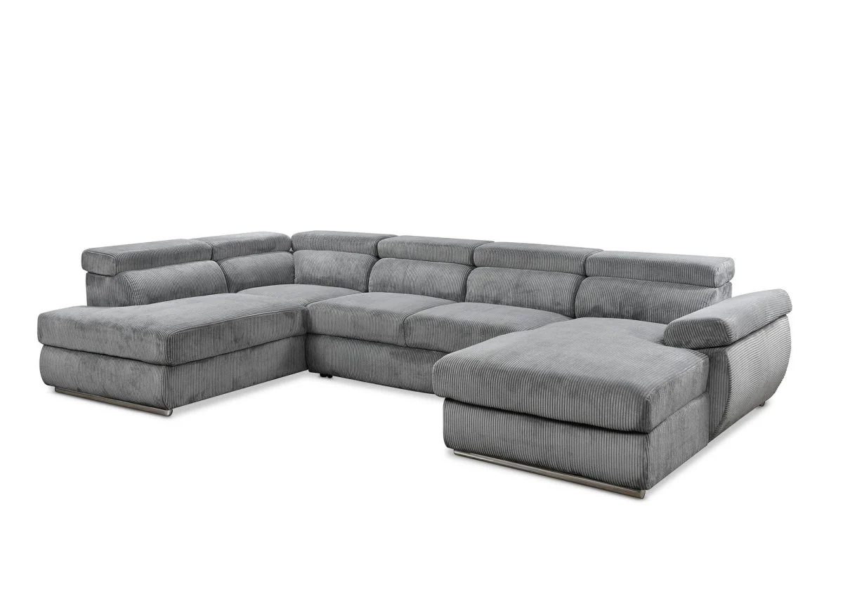 Canapé panoramique convertible avec coffre en velours côtelé épais gris MARIANO- Angle droit - Image 5
