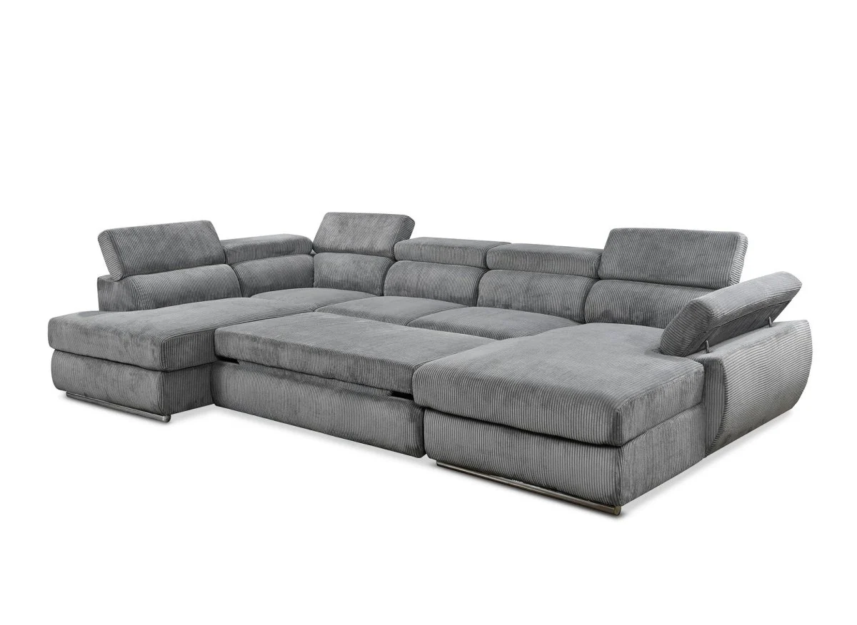 Canapé panoramique convertible avec coffre en velours côtelé épais gris MARIANO- Angle droit - Image 6
