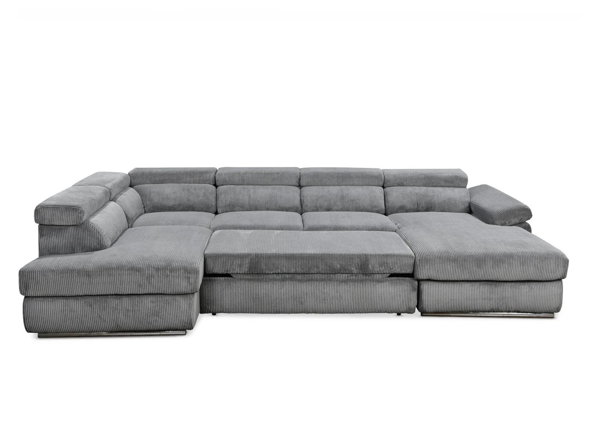 Canapé panoramique convertible avec coffre en velours côtelé épais gris MARIANO- Angle droit - Image 9