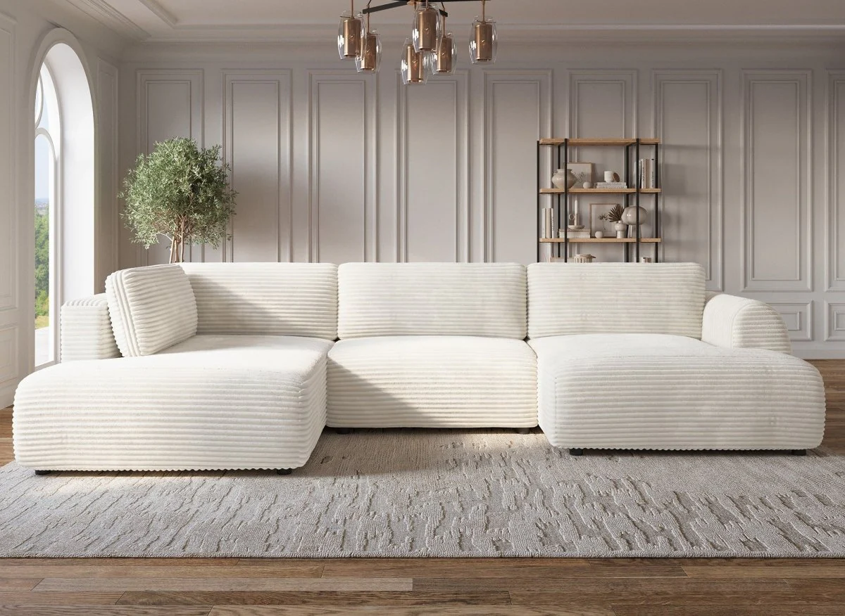 Canapé panoramique convertible avec coffre en velours gros côtelé beige TILDA - Angle gauche - Image 3