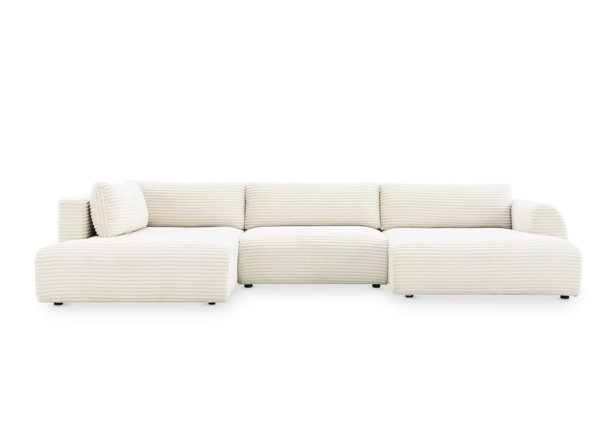 Canapé panoramique convertible avec coffre en velours gros côtelé beige TILDA - Angle gauche - Image 6