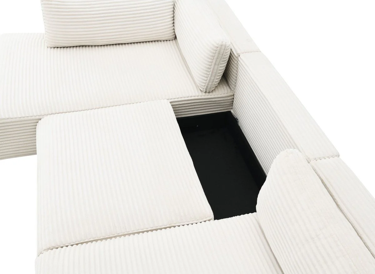 Canapé panoramique convertible avec coffre en velours gros côtelé beige TILDA - Angle gauche - Image 9