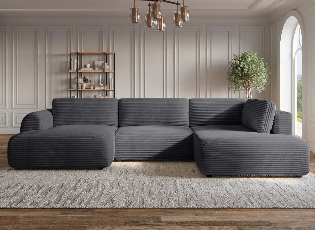 Canapé panoramique convertible avec coffre en velours gros côtelé gris TILDA - Angle droit - Image 3