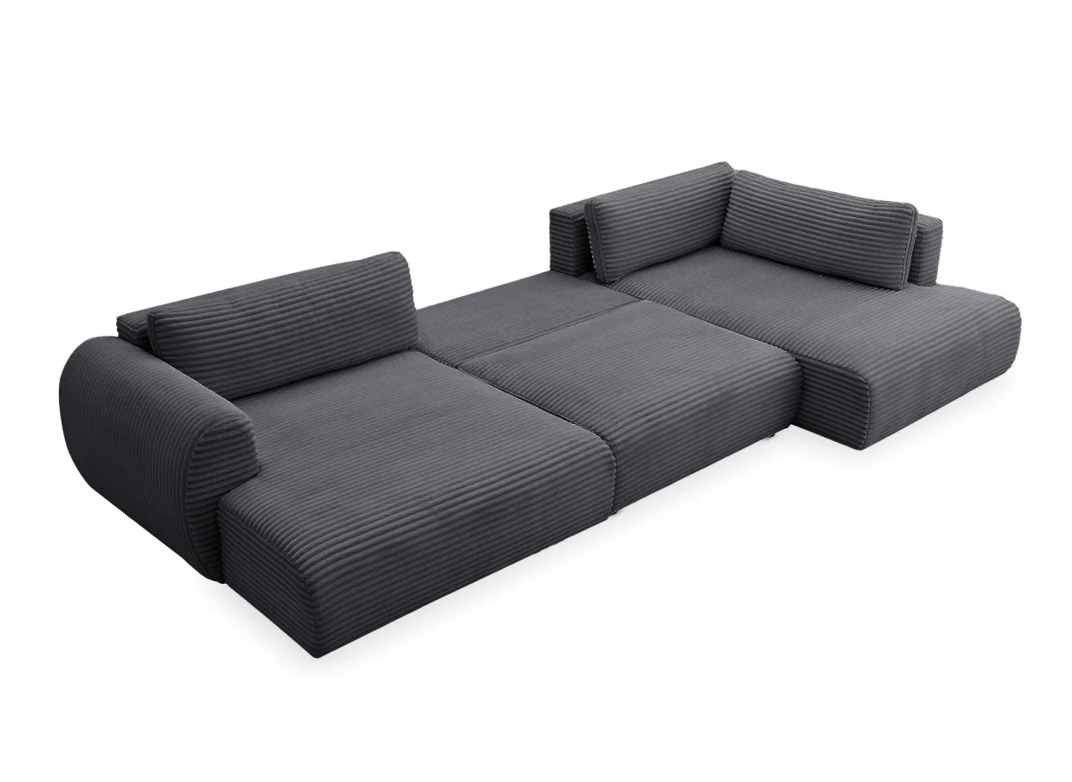 Canapé panoramique convertible avec coffre en velours gros côtelé gris TILDA - Angle droit - Image 5