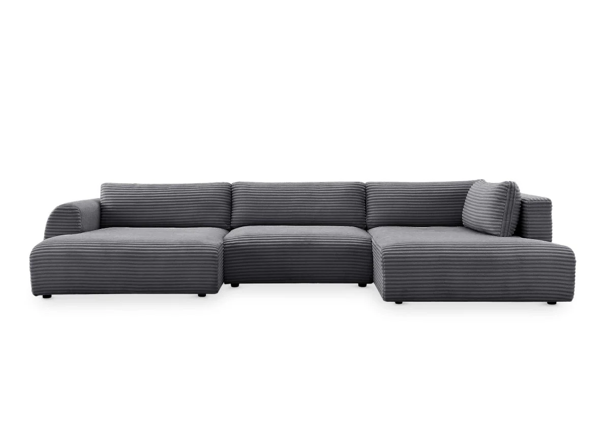 Canapé panoramique convertible avec coffre en velours gros côtelé gris TILDA - Angle droit - Image 6