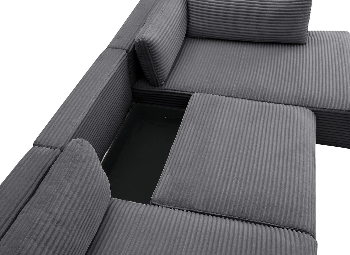 Canapé panoramique convertible avec coffre en velours gros côtelé gris TILDA - Angle droit - Image 9