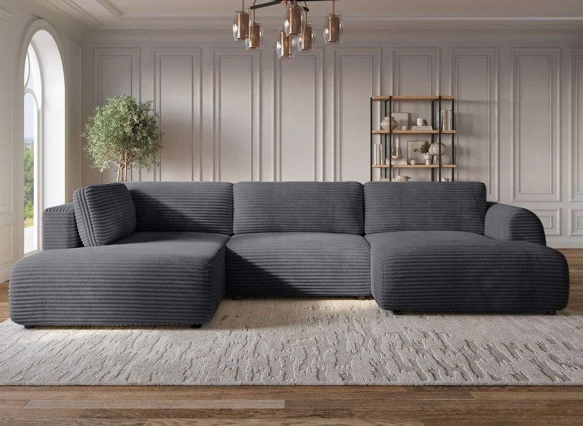 Canapé panoramique convertible avec coffre en velours gros côtelé gris TILDA - Angle gauche - Image 3