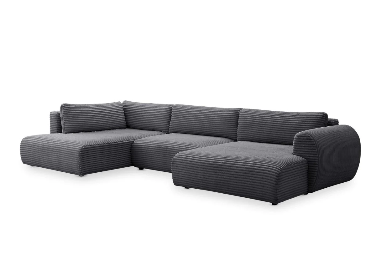Canapé panoramique convertible avec coffre en velours gros côtelé gris TILDA - Angle gauche - Image 4