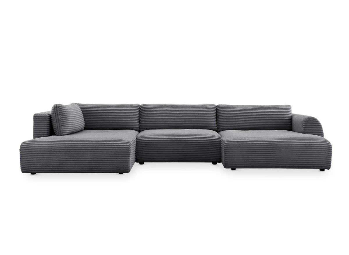 Canapé panoramique convertible avec coffre en velours gros côtelé gris TILDA - Angle gauche - Image 6