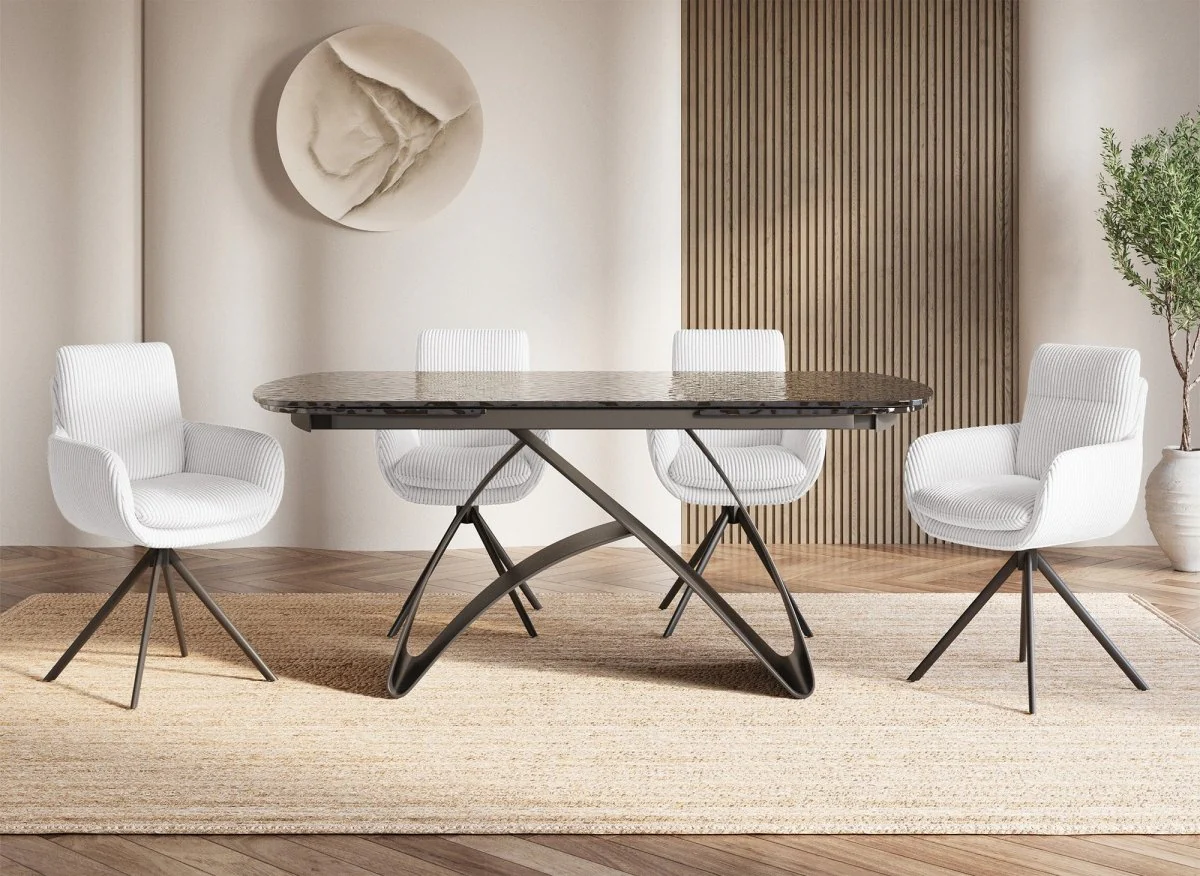 Chaise design avec accoudoirs en velours côtelé blanc écru LOLA - Image 3