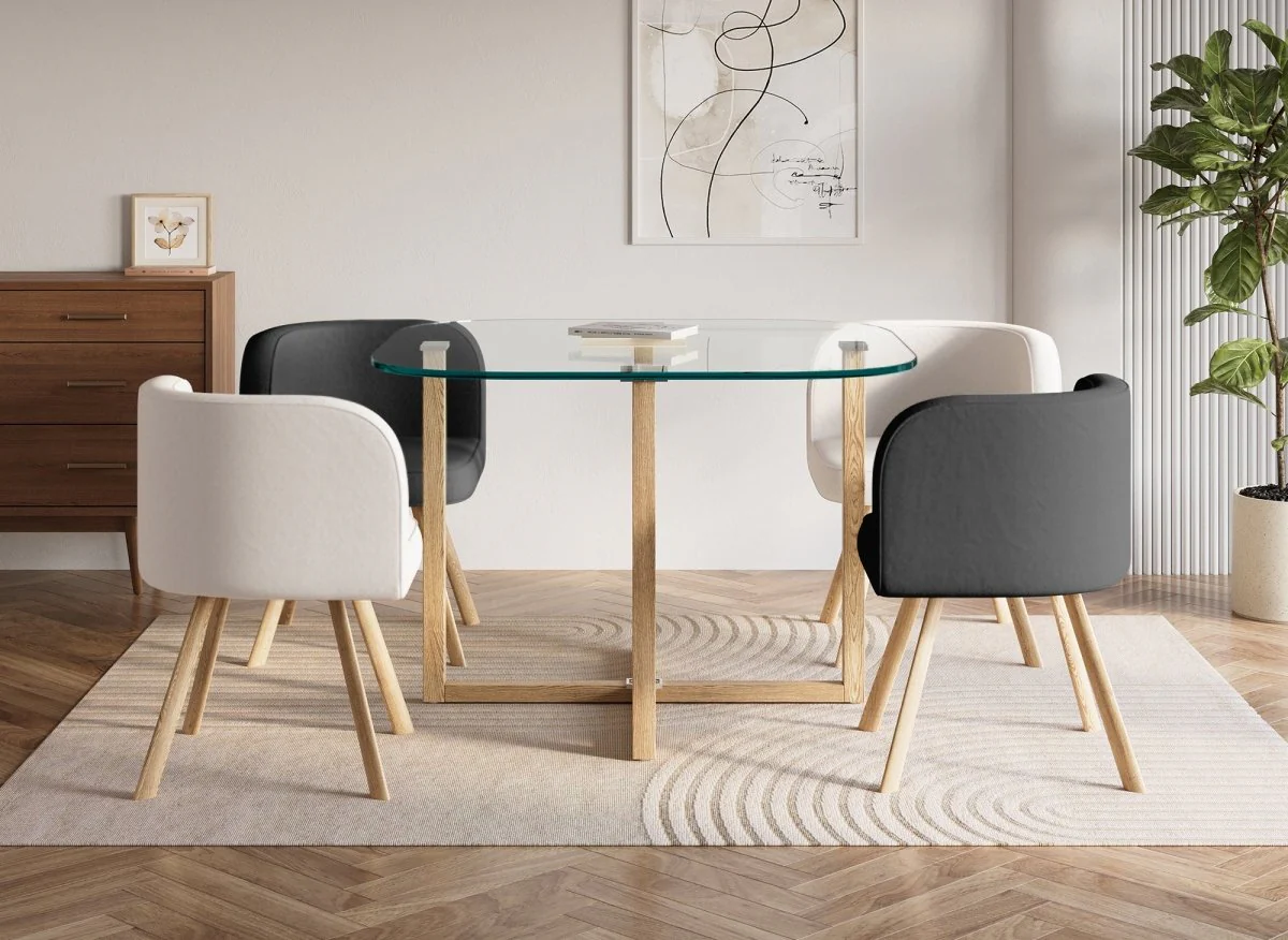 Ensemble table à manger en verre + 4 chaises noires et blanches FLEN - Image 3