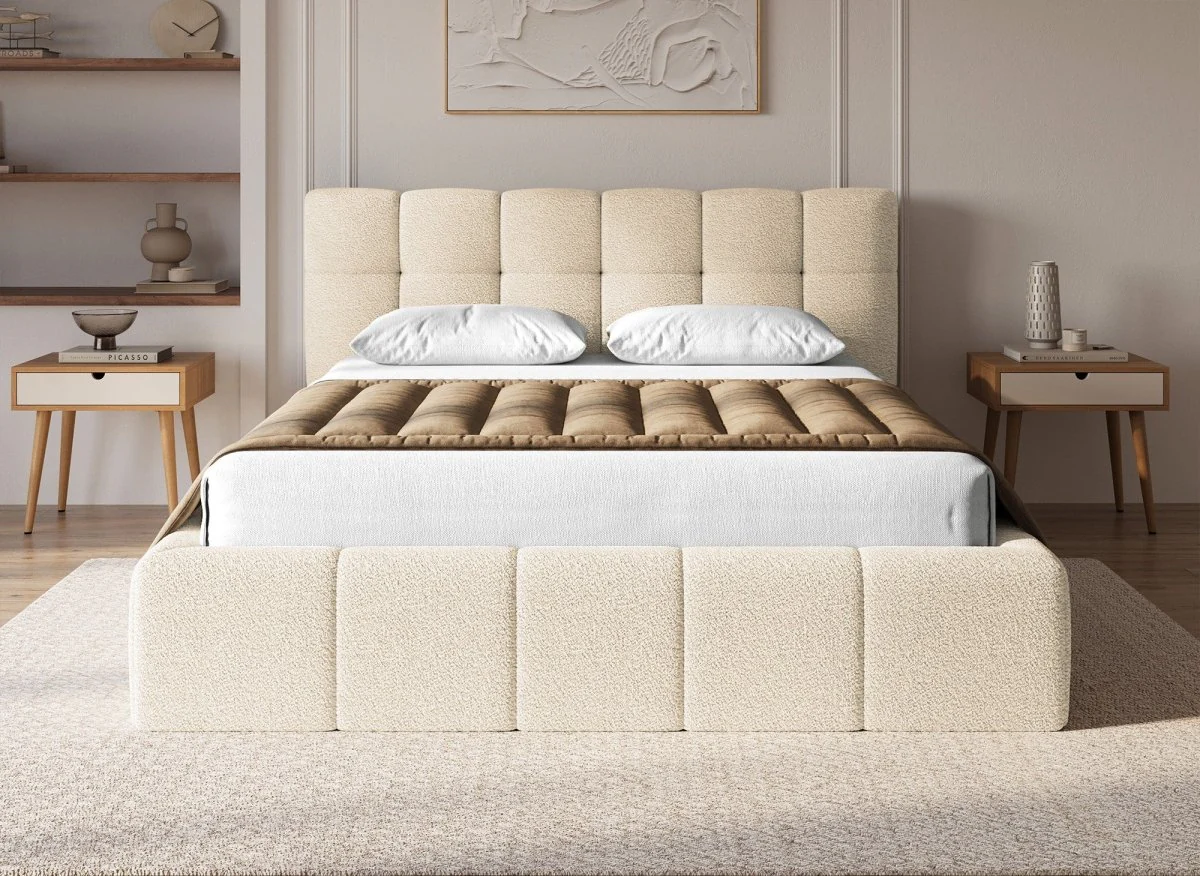 Lit coffre en tissu bouclette beige 140x190 cm MILIE - Image 3