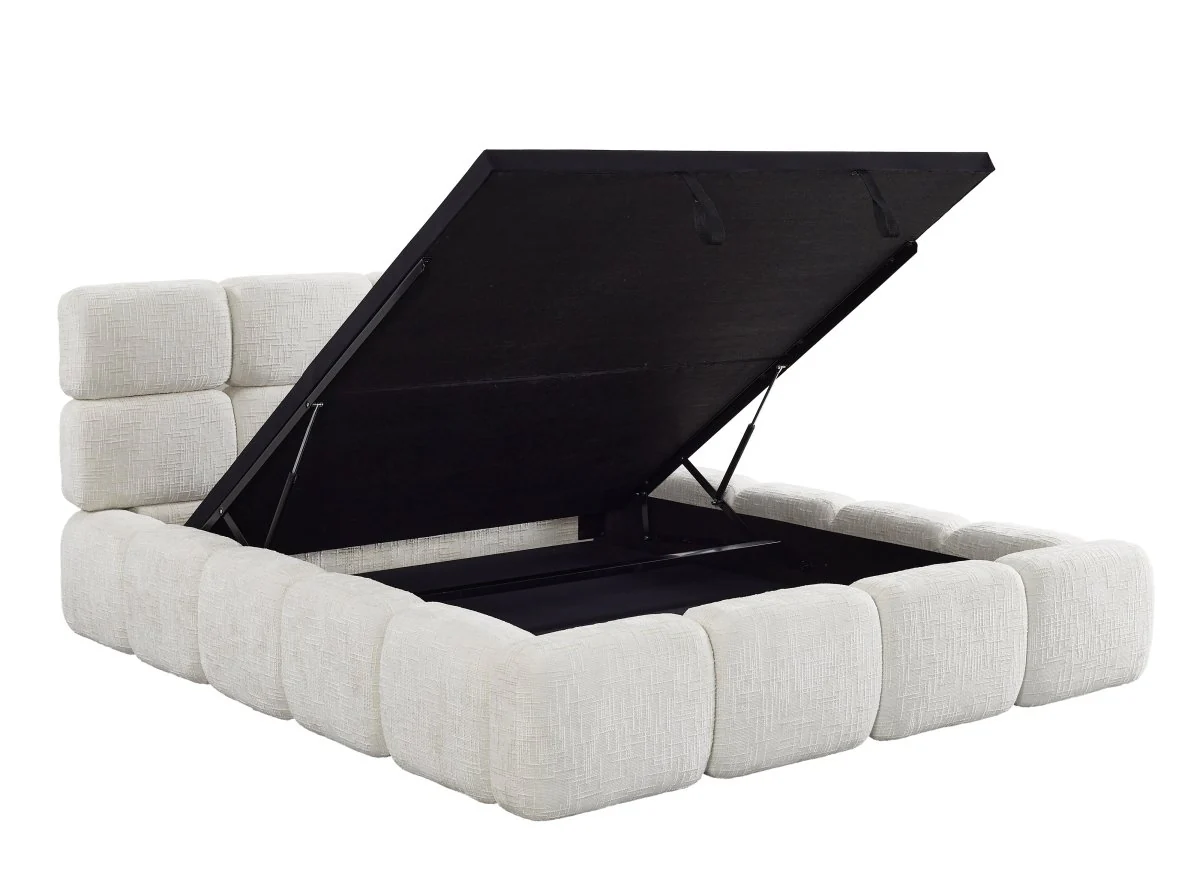 Lit coffre en velours chiné beige 140x190 cm BUBBLE - Image 5