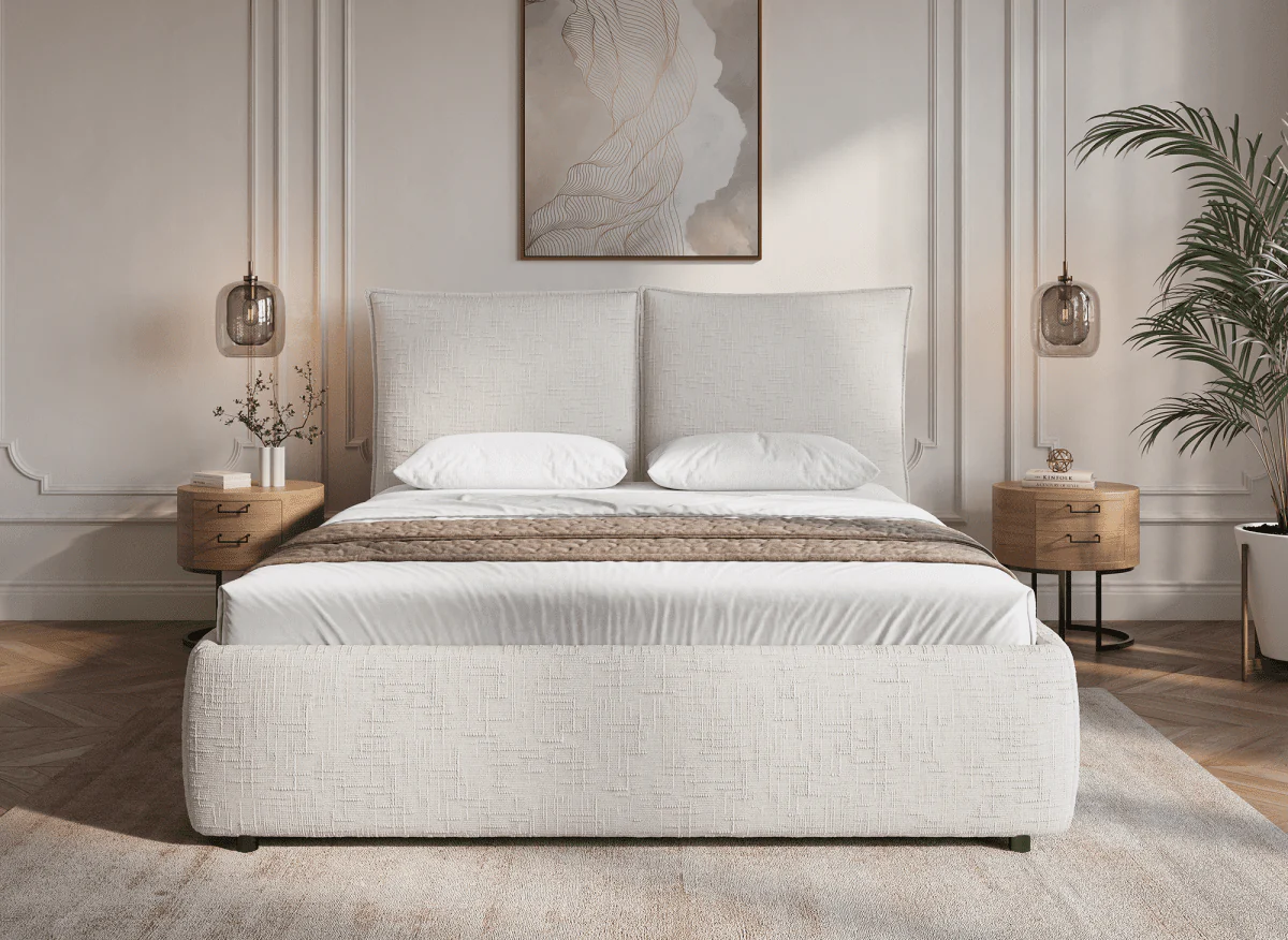 Lit coffre en velours chiné beige 140x190 cm MELY - Image 3