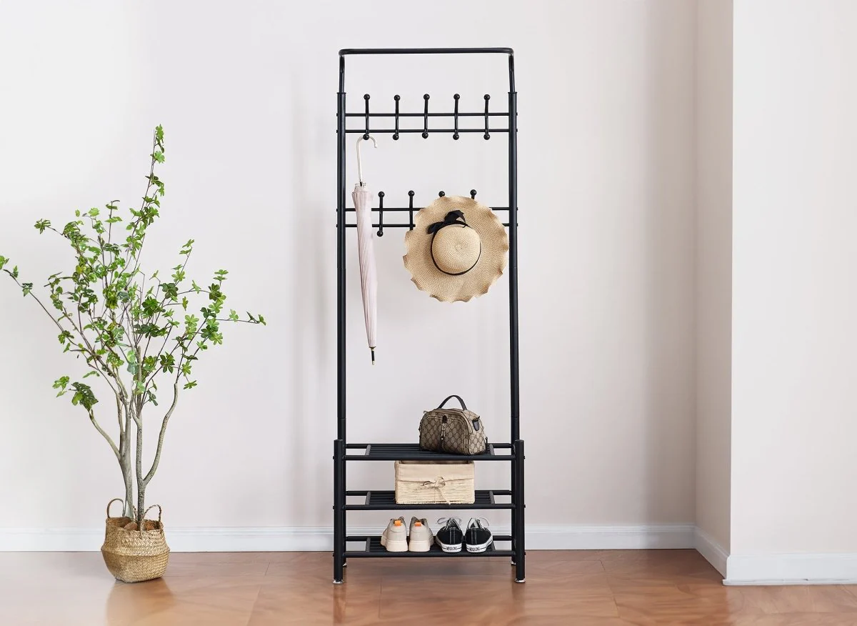Meuble d'entrée portant avec 3 étagères en métal noir ROMAIN - Image 3