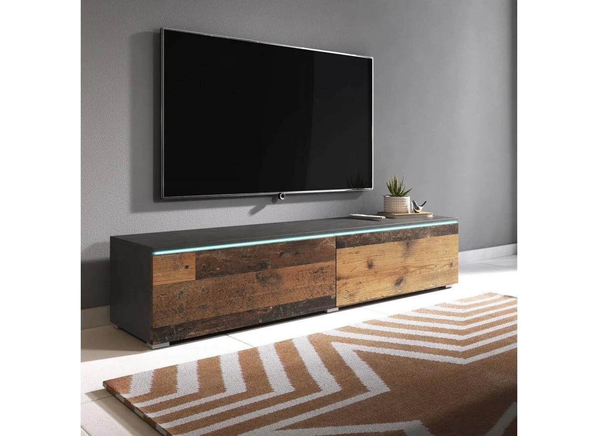 Meuble TV contemporain anthracite et chêne avec LED 2 portes MALORIE - 180 cm - Image 3