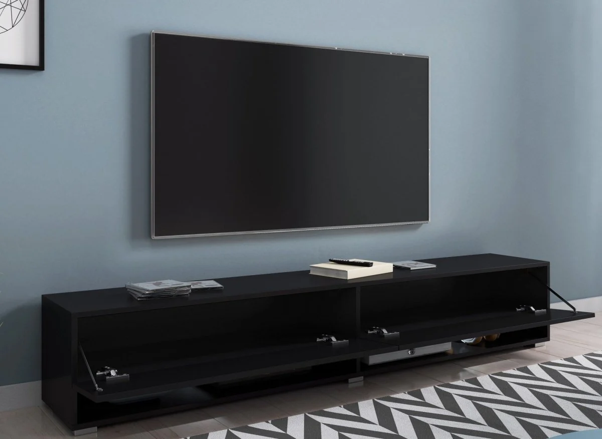 Meuble TV suspendu 2 portes 2 niches noir ROMANE XXL - 180 cm - Image 3